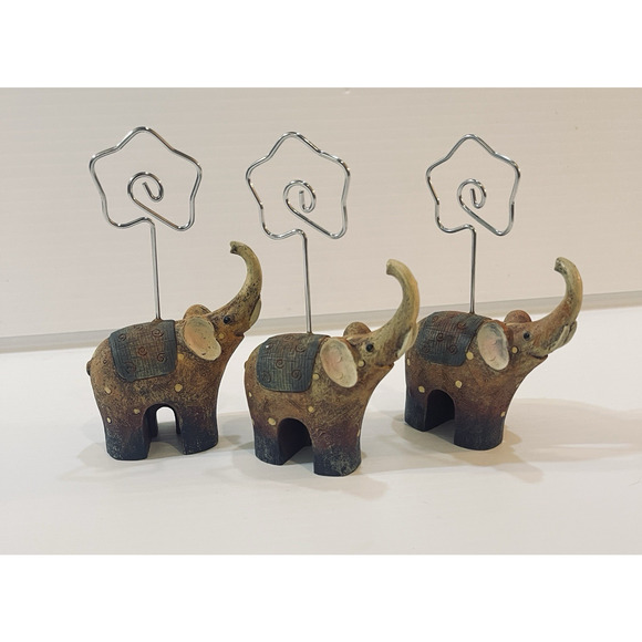 Elephant Photo Holder Set Of 3 Mom With Baby Trunks Up Figurine - Picture 5 of 13